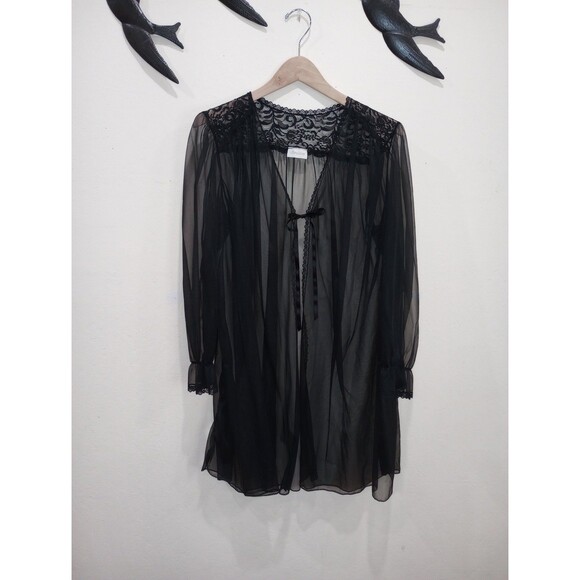 Vintage Barbizon Black Sheer Nylon & Lace Peignoir Robe - M / L - Picture 2 of 6